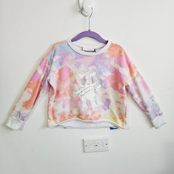 The Childrens Place Girls 4 Crewneck Sweatshirt Pastel Tie Dye Unicorn Party Cat - Picture 1 of 5